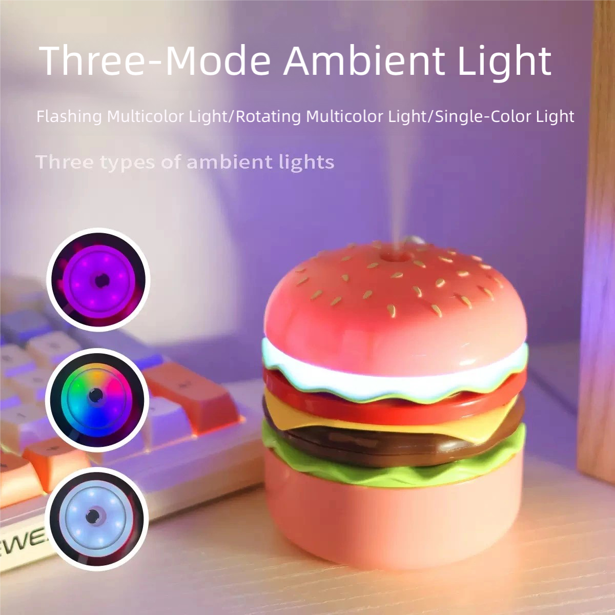 Cute Burger Humidifier with 3 Lighting Modes | Mini Night Light & Air Moisturizer