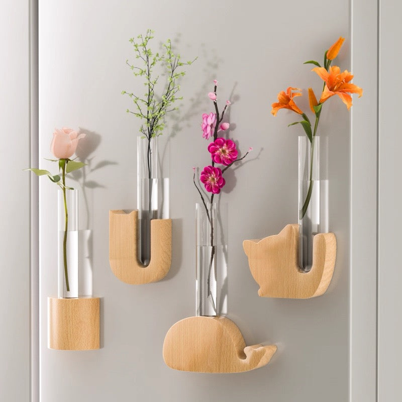 Magnetic Beech Wood Bud Vase Set (Set of 4) | Creative Wall-Mounted Propagation Tubes for Fridge & Metal Surfaces