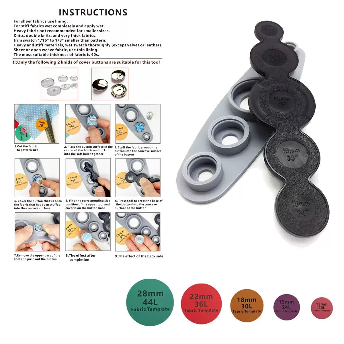DIY Fabric Button Kit – 150pcs Button Maker Set with 5 Sizes + 100 Patterned Fabrics