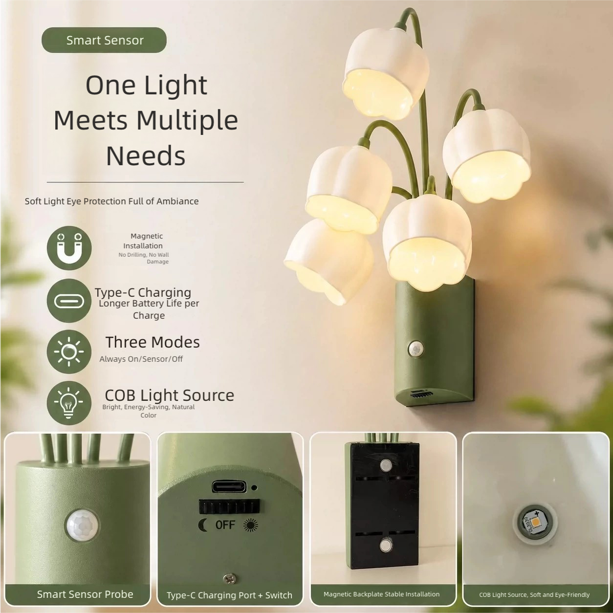 USB-Charging Magnetic Lily-of-the-Valley Automatic Sensor Wall Light