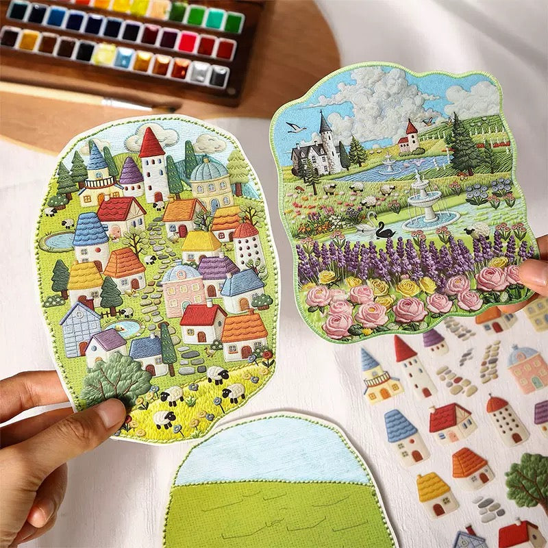 4-Pack Faux Embroidery Texture Landscape Stickers | Embossed Effect Scenic Decals for Scrapbooking, Journaling & DIY Crafts