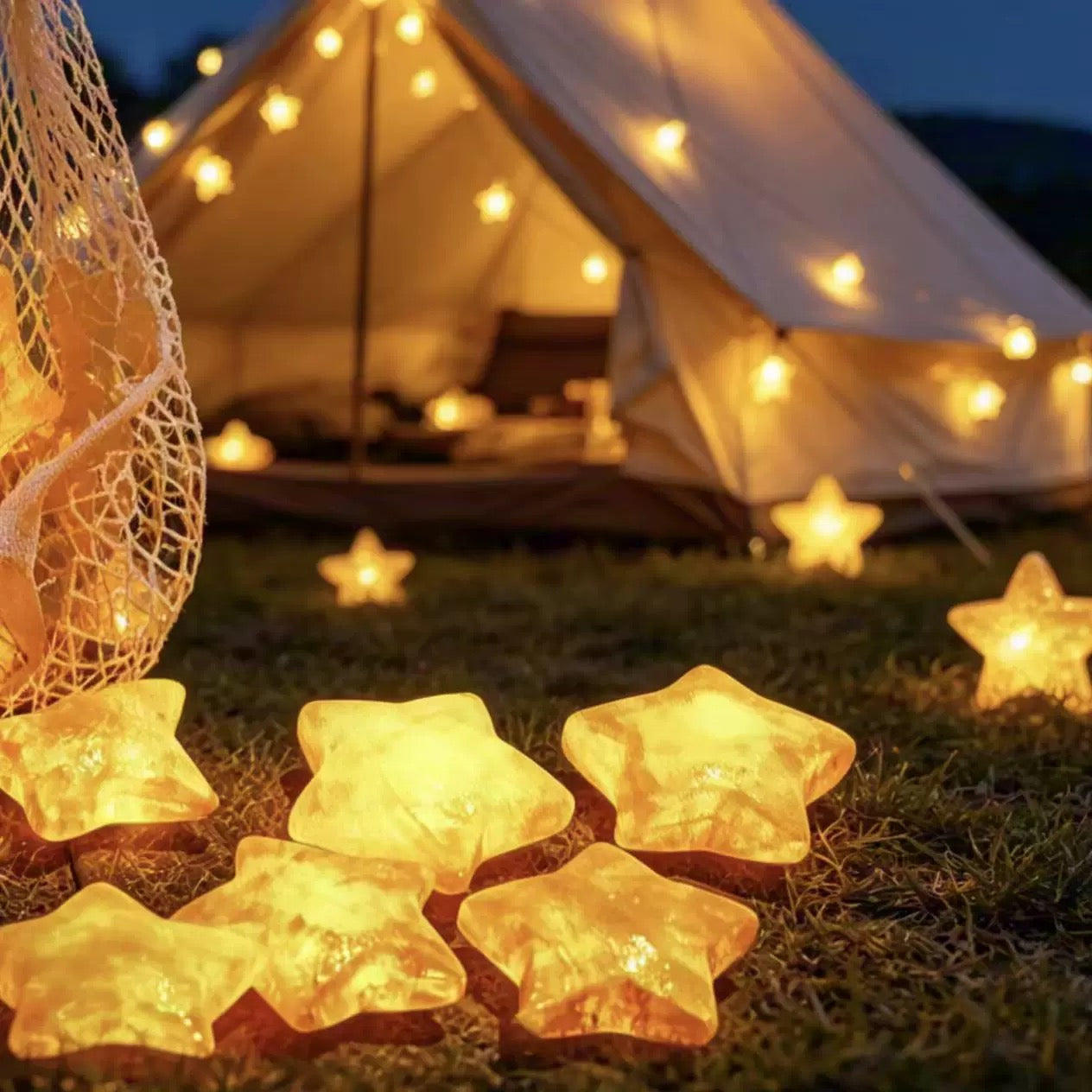 8-Piece Glowing Star Lights Set with Cotton Mesh Bag | Warm Ambient Decor Free Handwoven Bags1