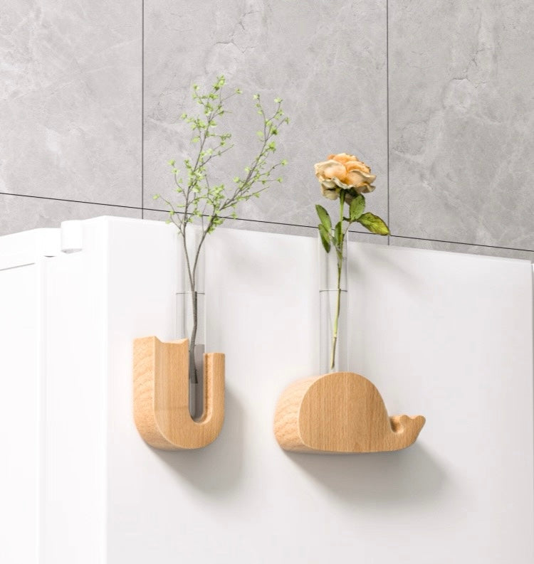 Magnetic Beech Wood Bud Vase Set (Set of 4) | Creative Wall-Mounted Propagation Tubes for Fridge & Metal Surfaces