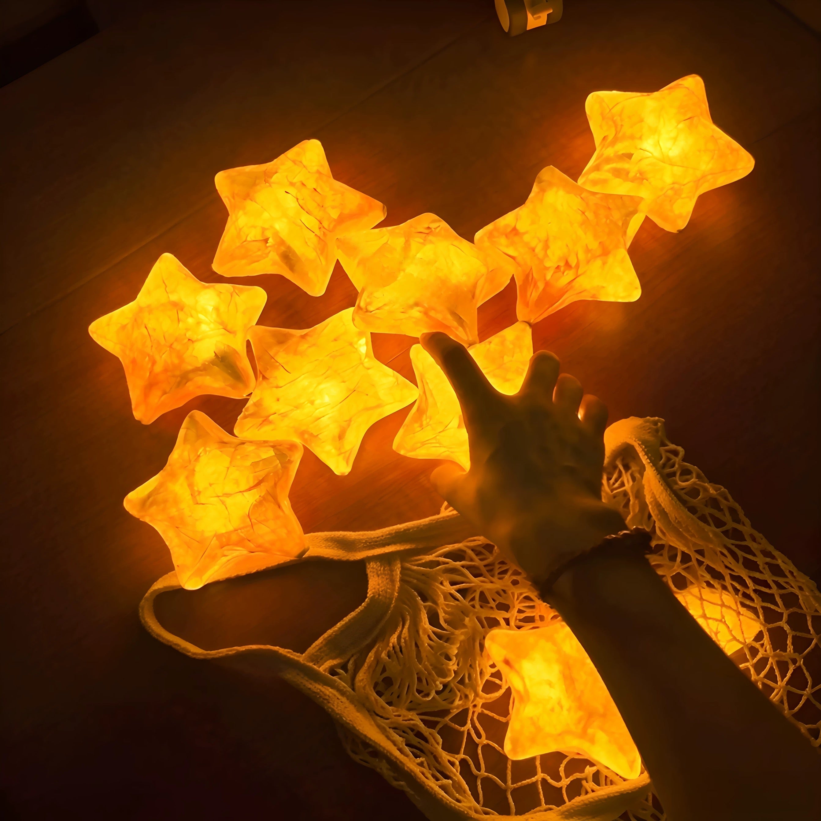 8-Piece Glowing Star Lights Set with Cotton Mesh Bag | Warm Ambient Decor Free Handwoven Bags1