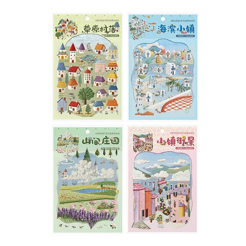 4-Pack Faux Embroidery Texture Landscape Stickers | Embossed Effect Scenic Decals for Scrapbooking, Journaling & DIY Crafts