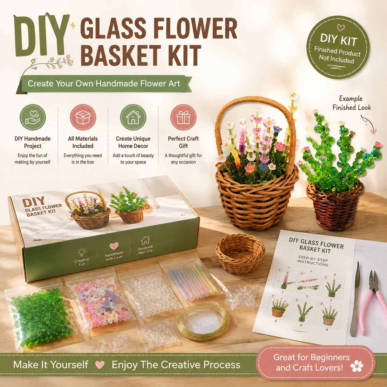 DIY Glass Flower Basket Kit with 1,030+ Beads – Complete Handmade Flower Making Craft Set