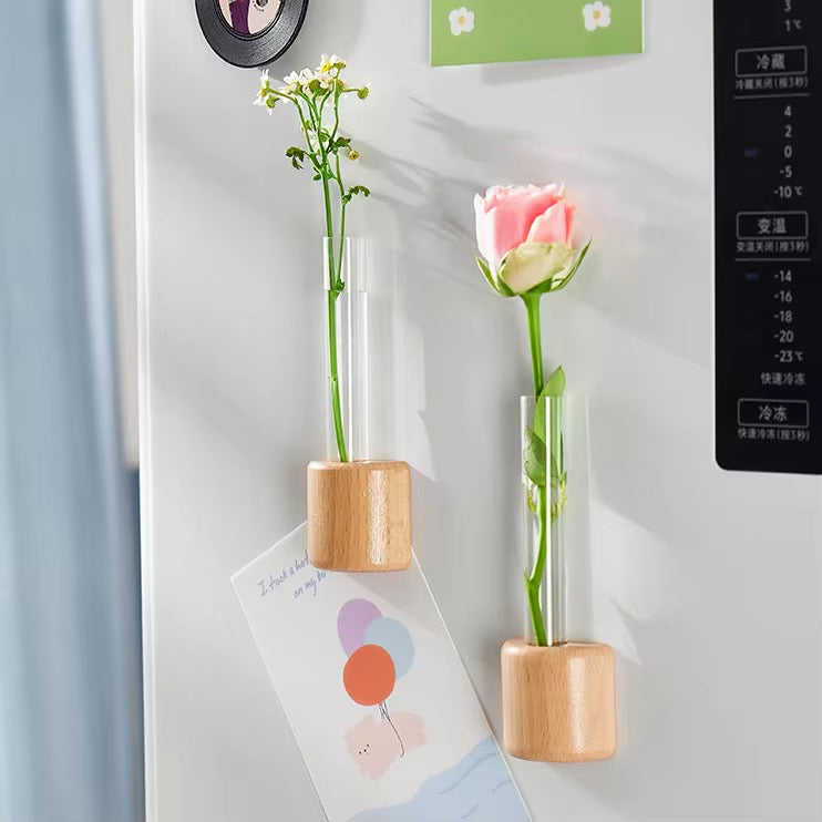Magnetic Beech Wood Bud Vase Set (Set of 4) | Creative Wall-Mounted Propagation Tubes for Fridge & Metal Surfaces