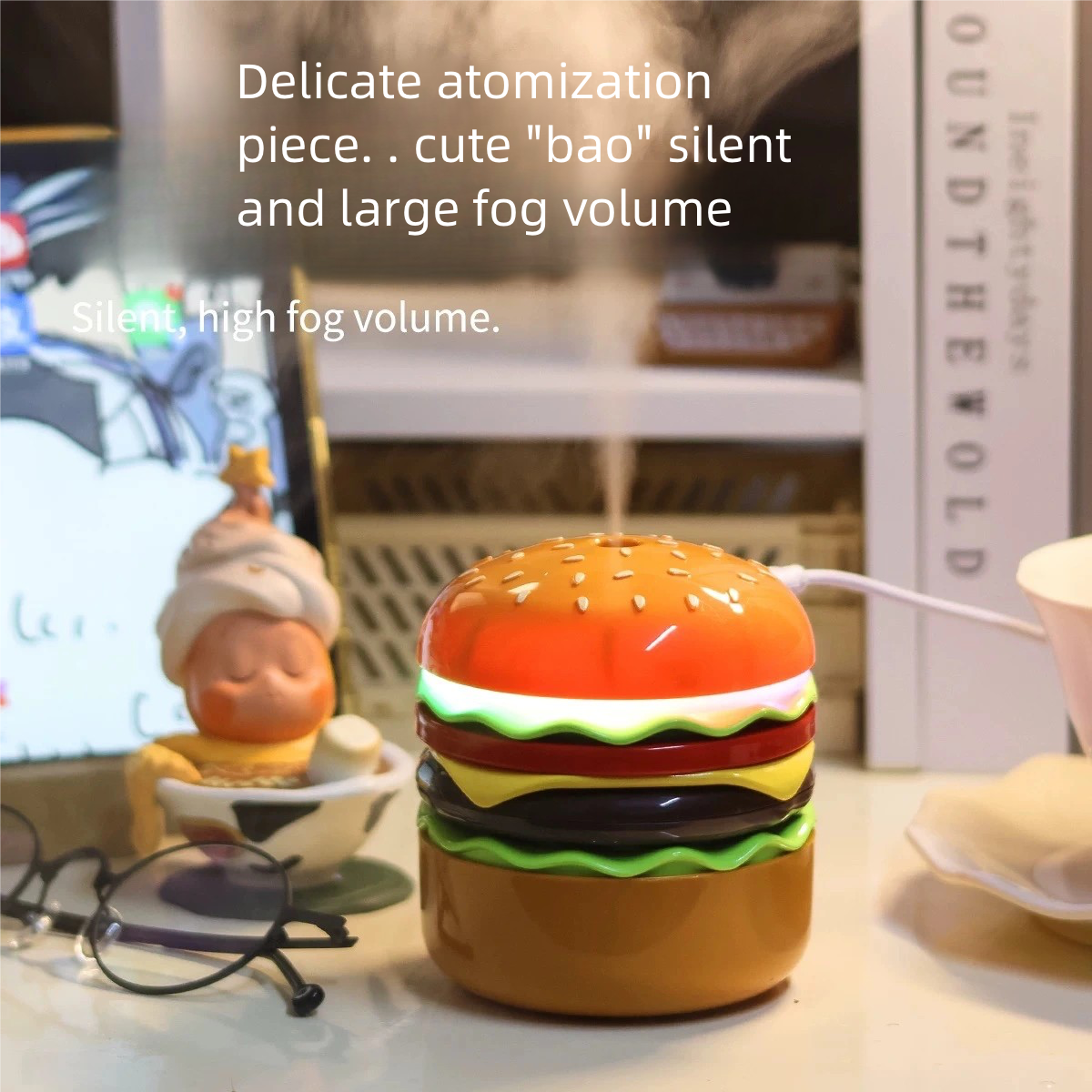Cute Burger Humidifier with 3 Lighting Modes | Mini Night Light & Air Moisturizer