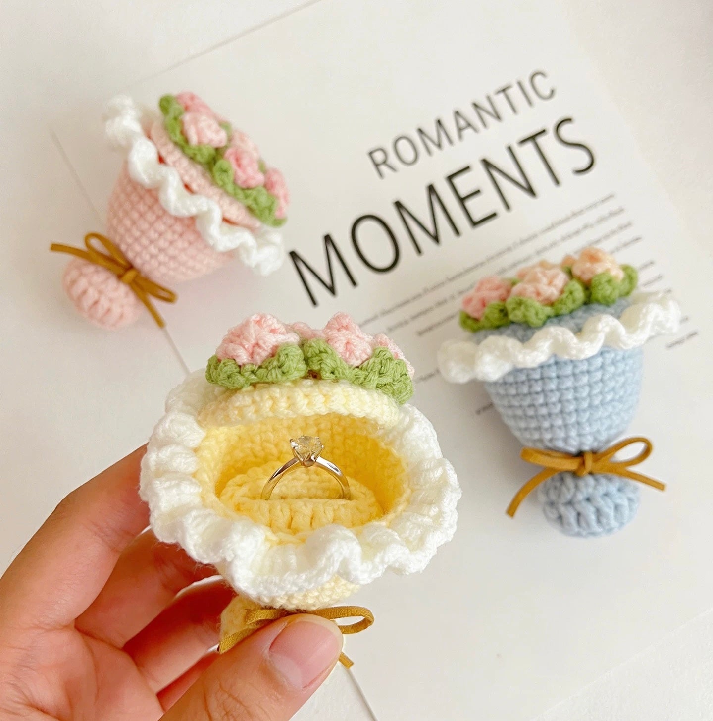 Handcrafted Crochet Flower Bouquet Ring Box – Finished Product, Not a DIY Kit