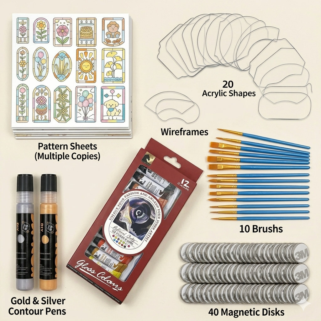 DIY Stained Glass Fridge Magnet Kit – 20 Acrylic Shapes, 36 Patterns & Complete Painting Set