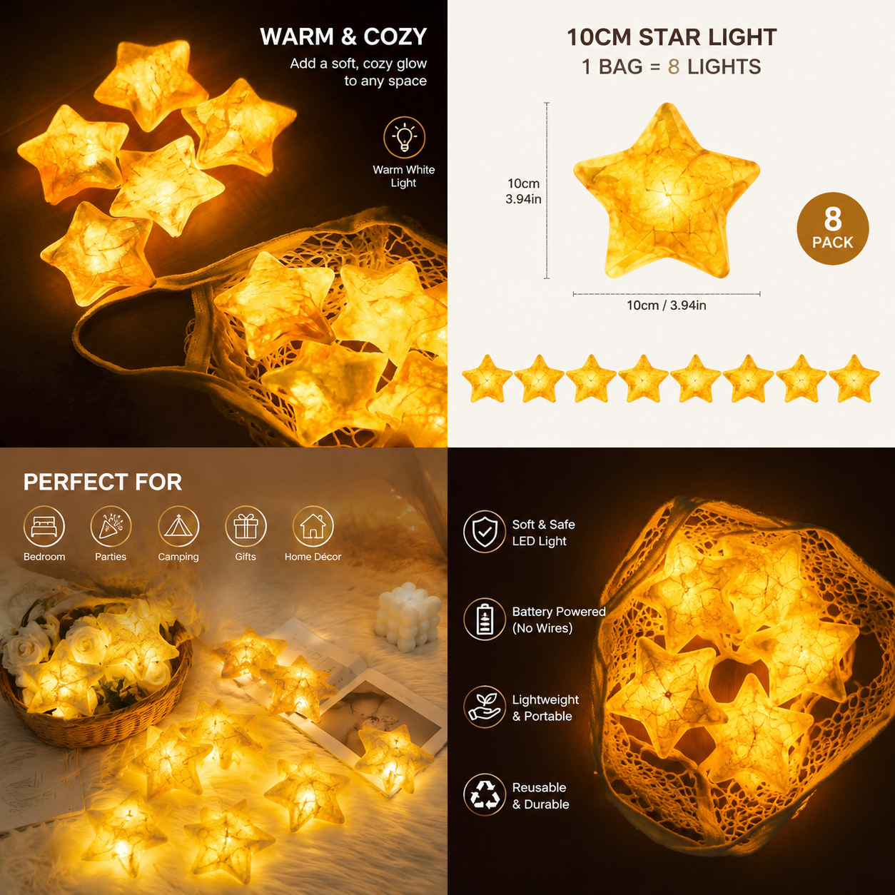 8-Piece Glowing Star Lights Set with Cotton Mesh Bag | Warm Ambient Decor Free Handwoven Bags1