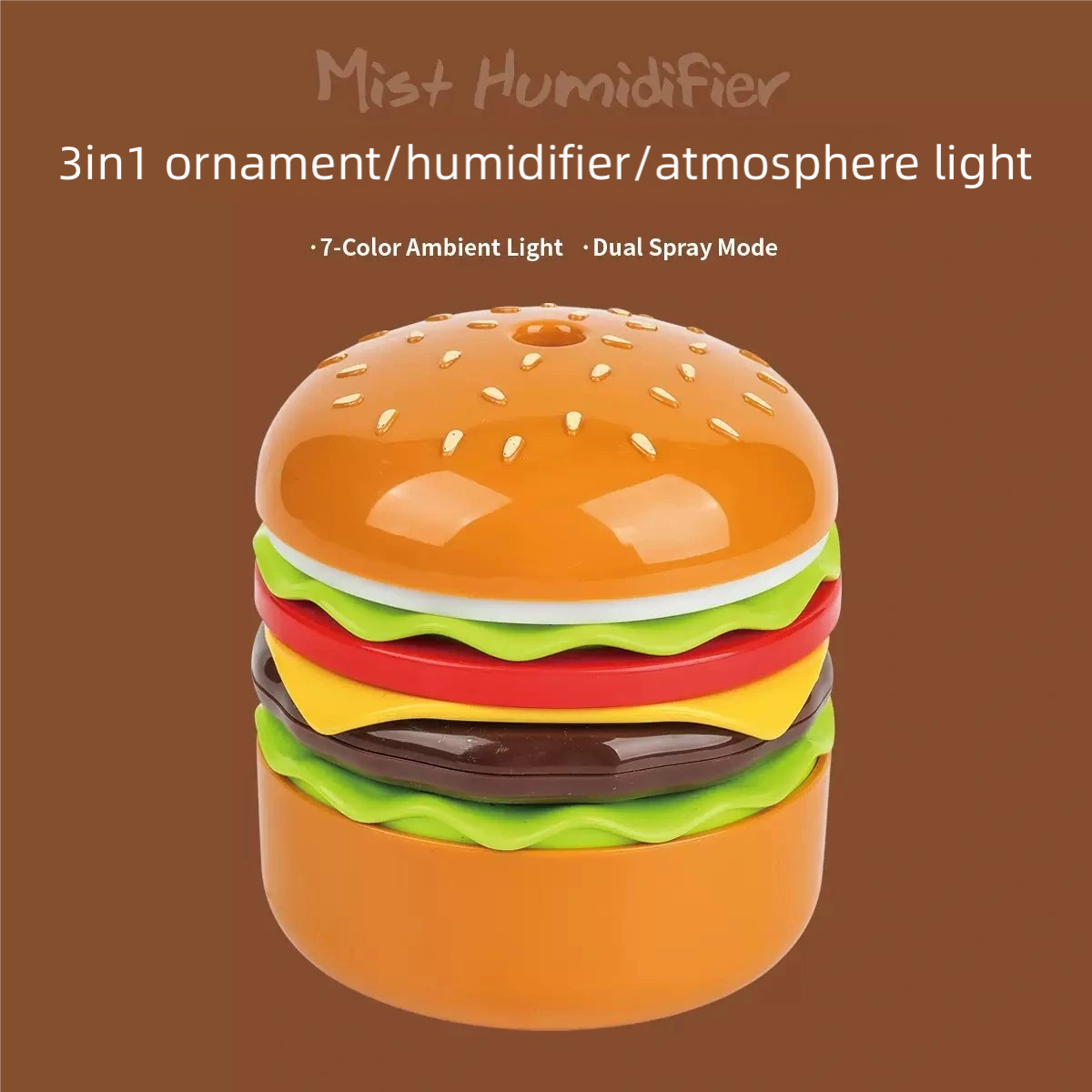 Cute Burger Humidifier with 3 Lighting Modes | Mini Night Light & Air Moisturizer