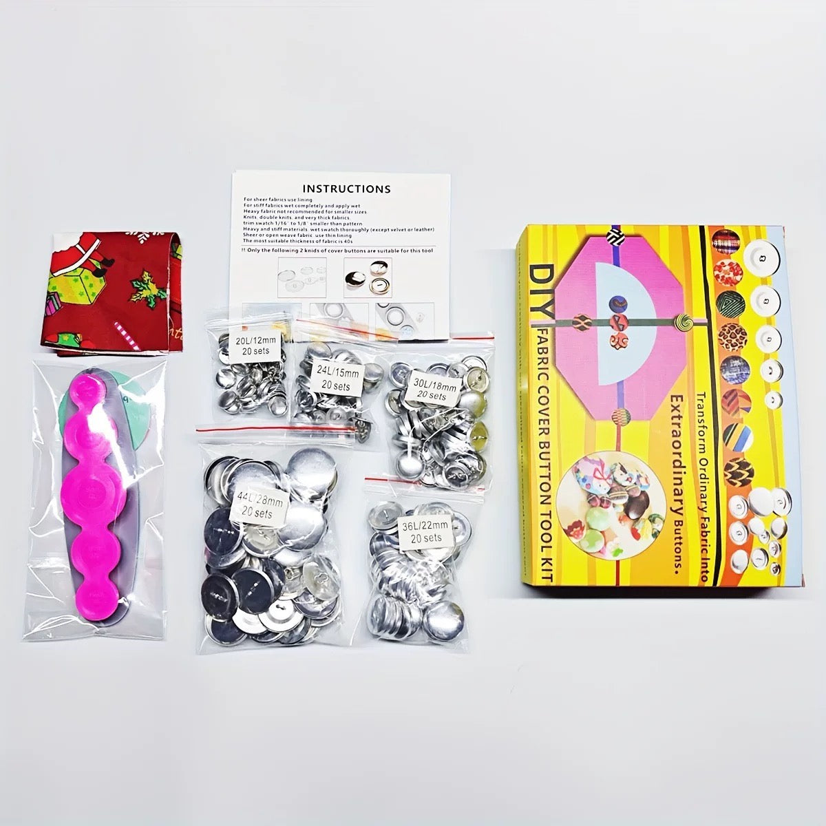 DIY Fabric Button Kit – 150pcs Button Maker Set with 5 Sizes + 100 Patterned Fabrics