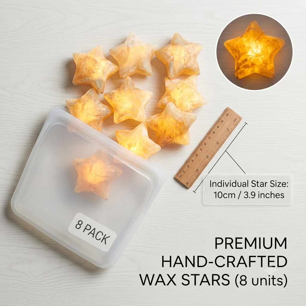 8-Piece Glowing Star Lights Set with Cotton Mesh Bag | Warm Ambient Decor Free Handwoven Bags1