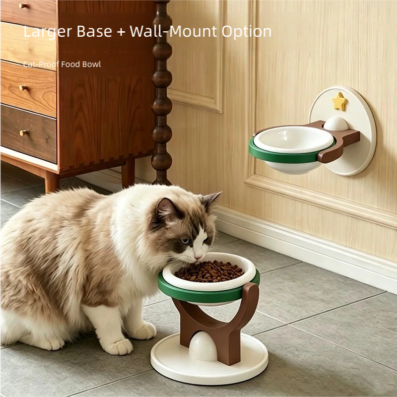 2-in-1 Wall-Mounted & Elevated Cat Bowl | Anti-Tip Ceramic Pet Feeding Bowl