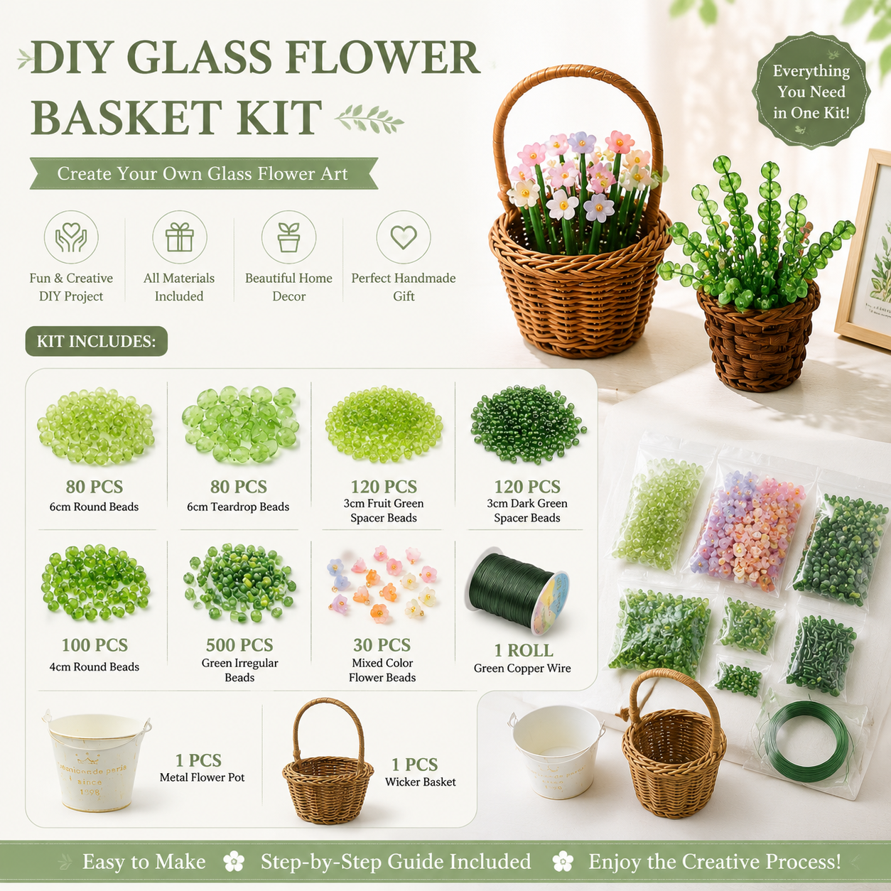 DIY Glass Flower Basket Kit with 1,030+ Beads – Complete Handmade Flower Making Craft Set