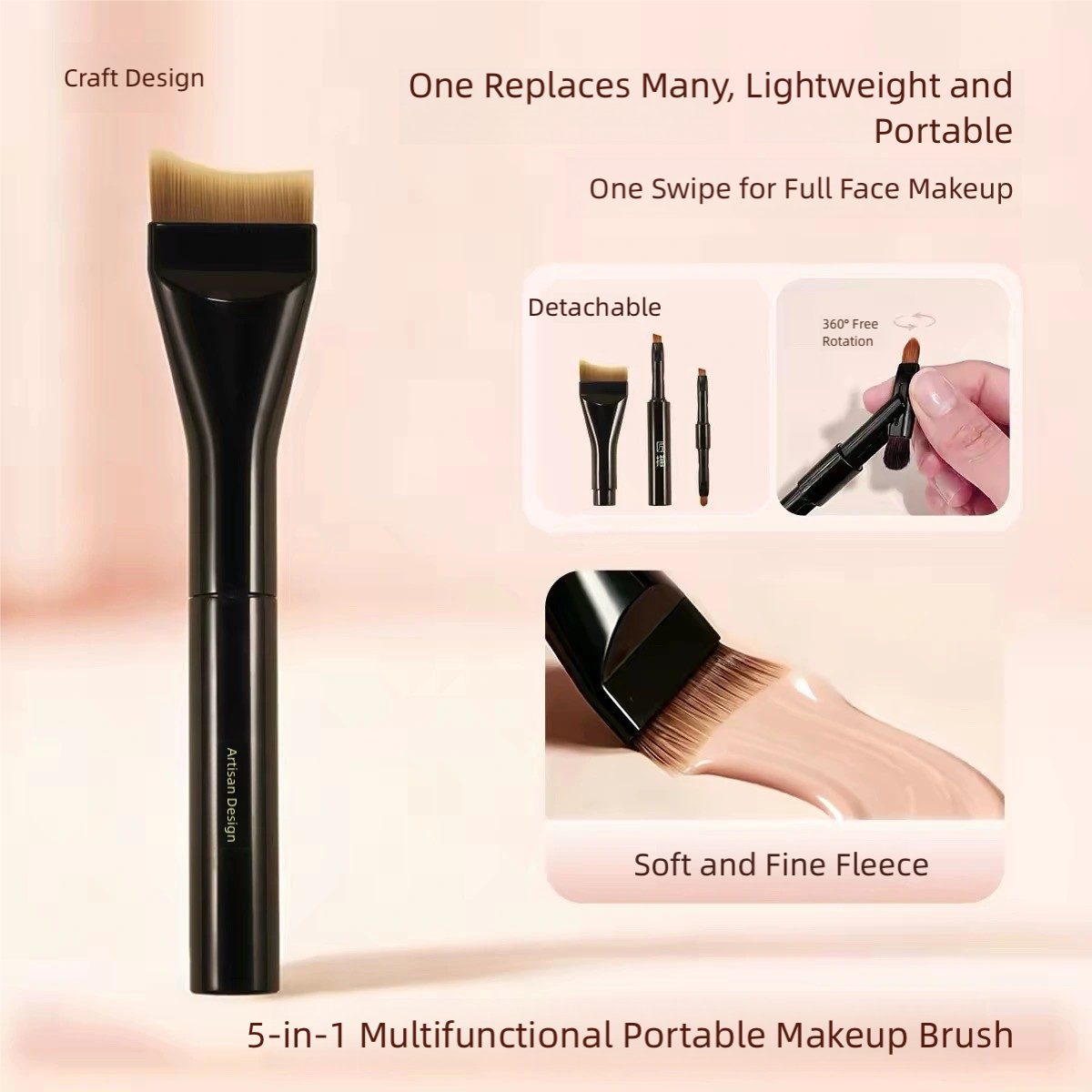 5-in-1 Multifunctional Portable Makeup Brush Set | Detachable 360° Rotating Liquid Foundation & Detail Brush
