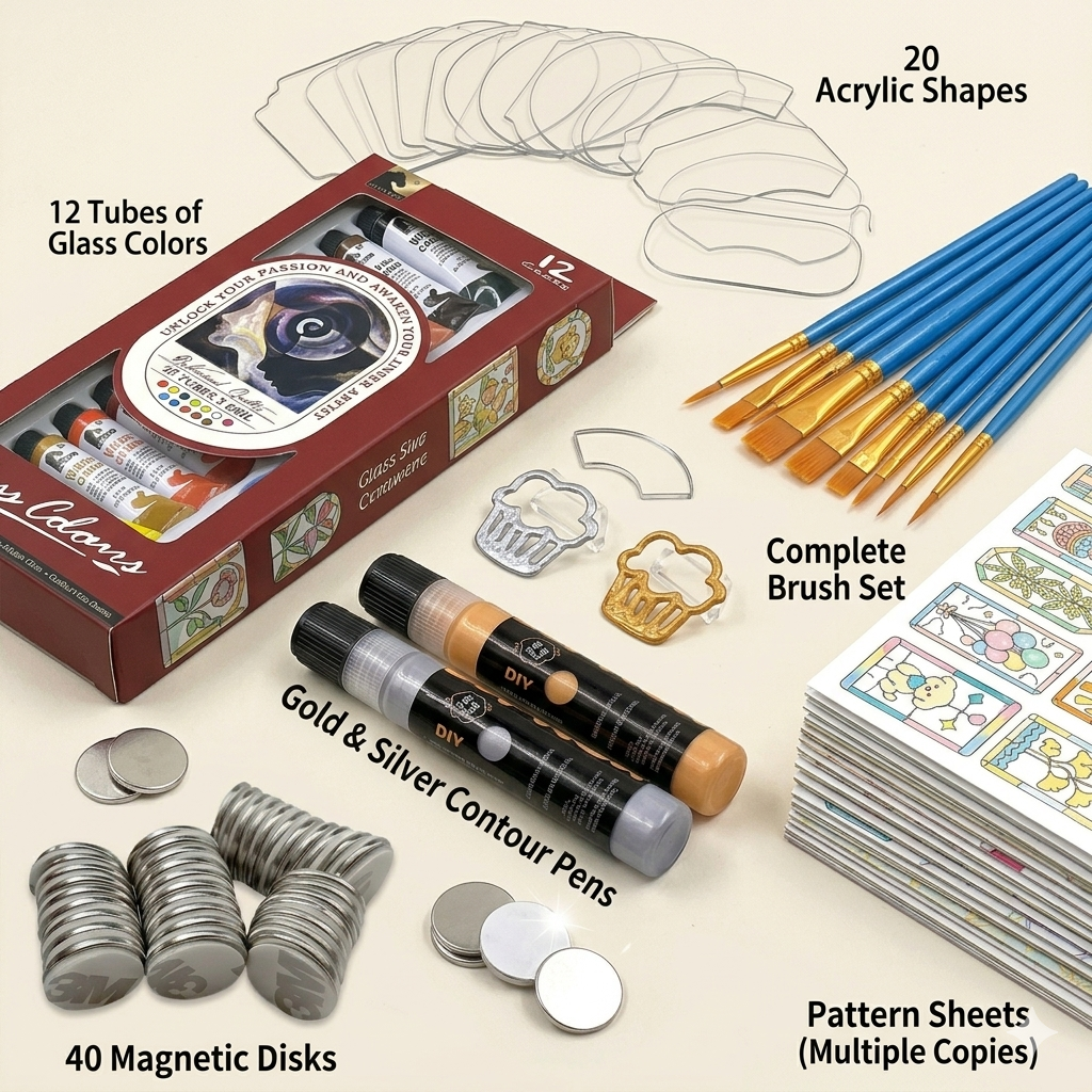 DIY Stained Glass Fridge Magnet Kit – 20 Acrylic Shapes, 36 Patterns & Complete Painting Set