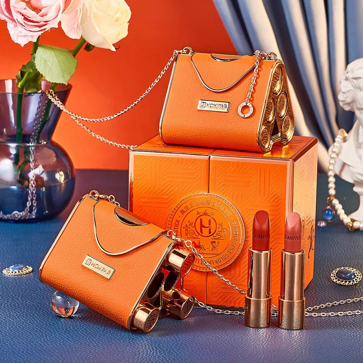 Luxury Vegan Leather Lipstick Purse Set - Matte Lip Collection with Chain Strap