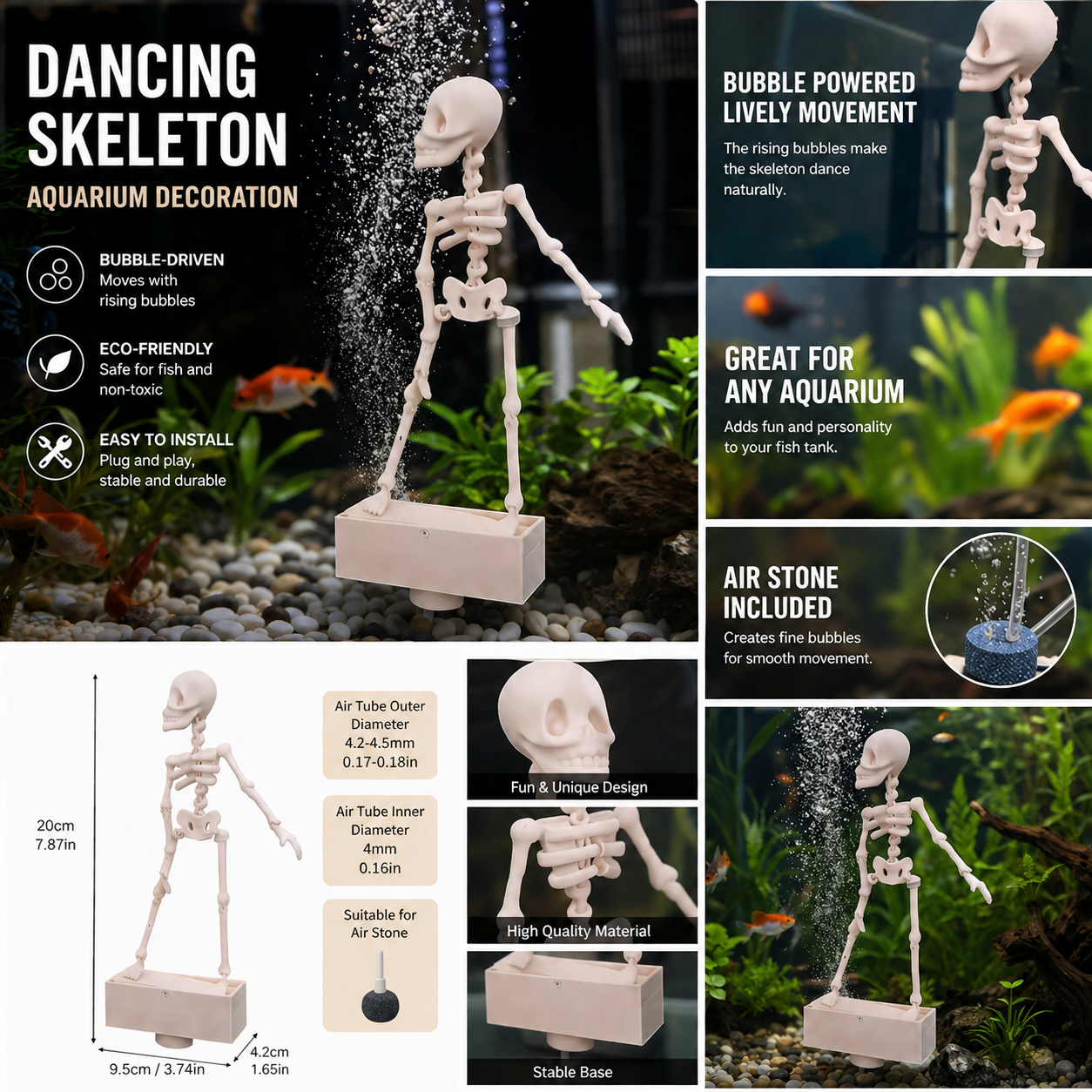 Bubble Dancing Skeleton Aquarium Ornament – Air Powered Fish Tank Decoration