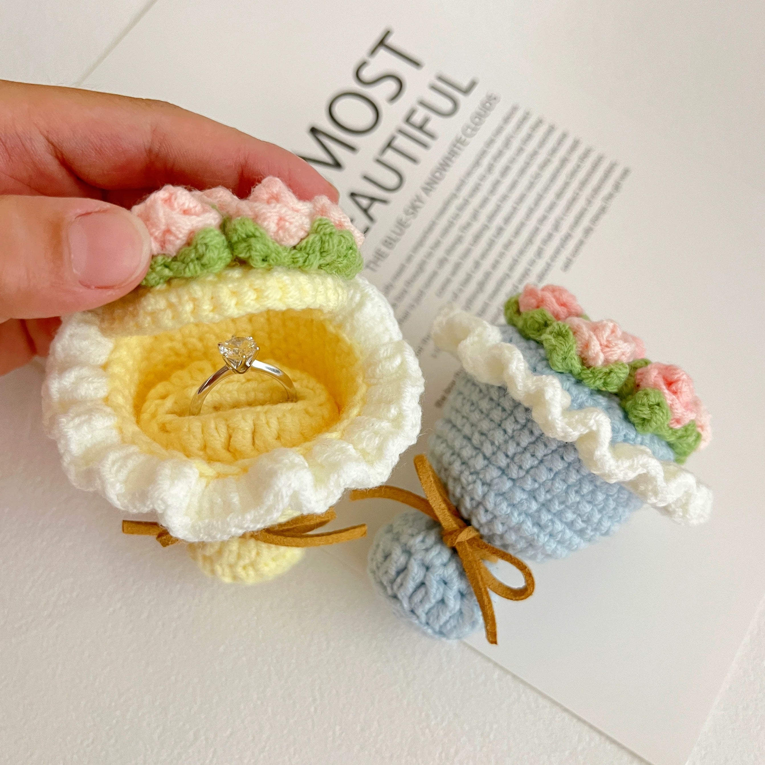 Handcrafted Crochet Flower Bouquet Ring Box – Finished Product, Not a DIY Kit