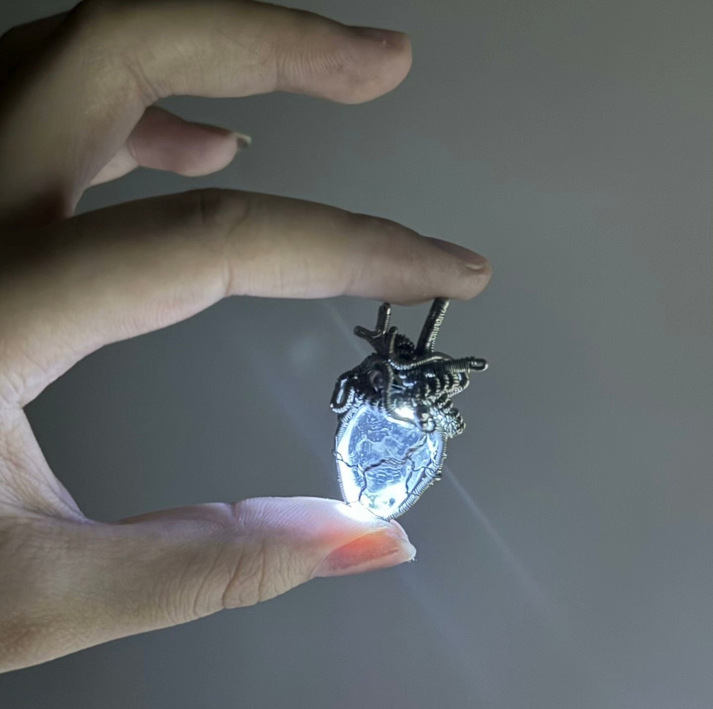 Handmade Anatomical Beating Heart Pendant - Wire Wrapped Natural Crystal Necklace