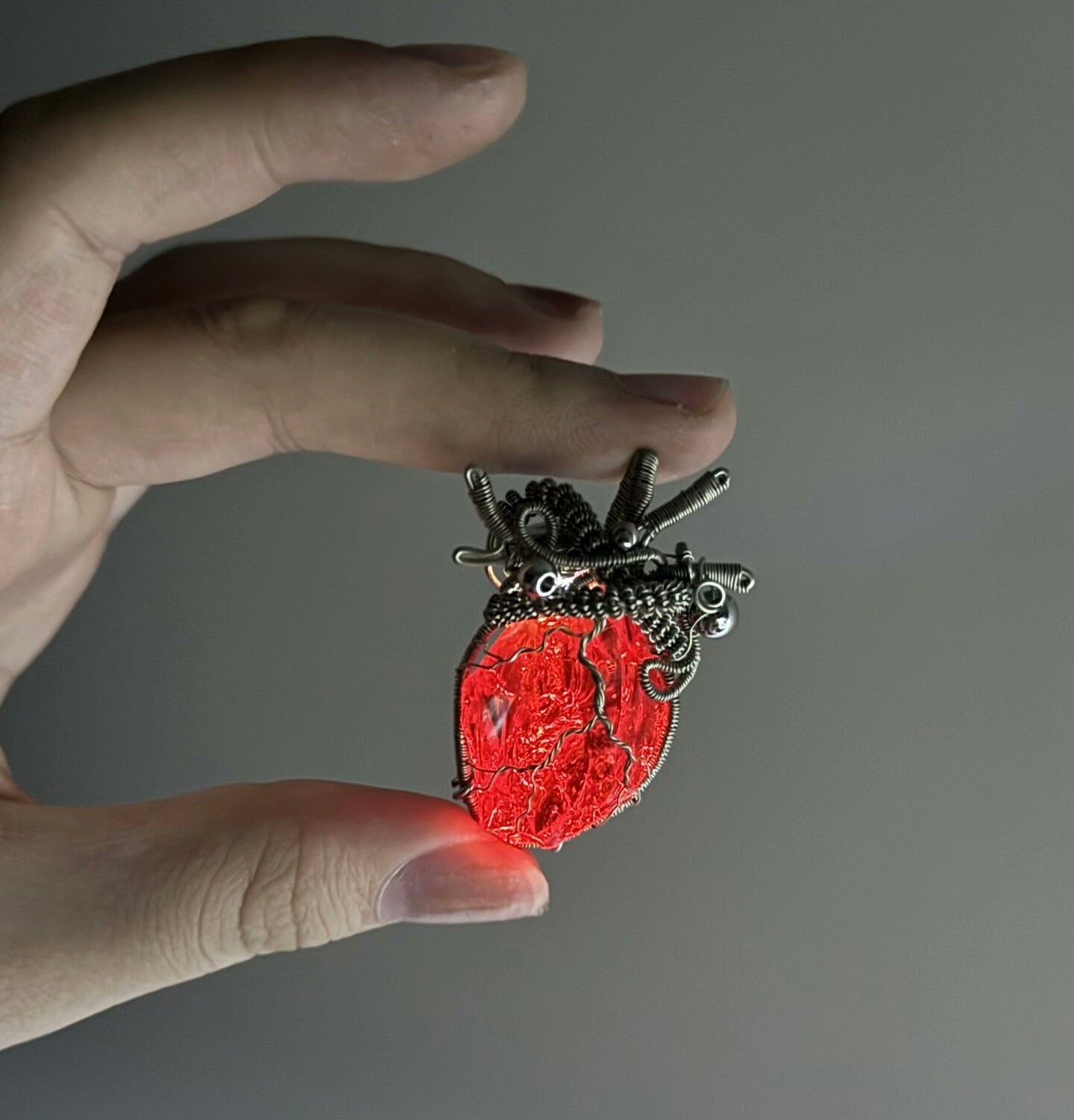 Handmade Anatomical Beating Heart Pendant - Wire Wrapped Natural Crystal Necklace