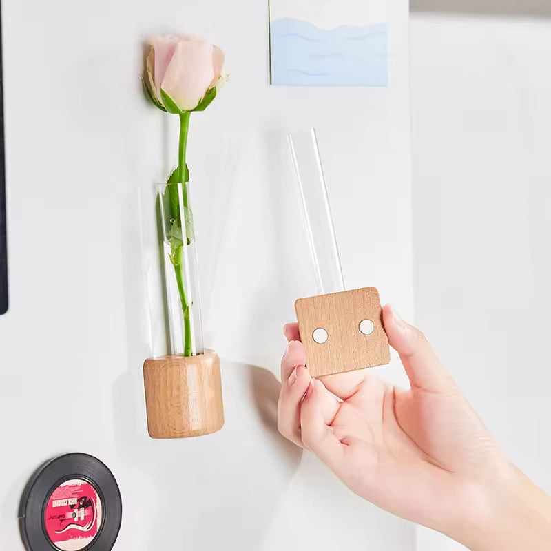Magnetic Beech Wood Bud Vase Set (Set of 4) | Creative Wall-Mounted Propagation Tubes for Fridge & Metal Surfaces