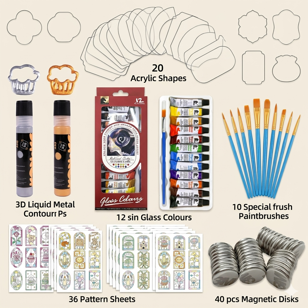 DIY Stained Glass Fridge Magnet Kit – 20 Acrylic Shapes, 36 Patterns & Complete Painting Set