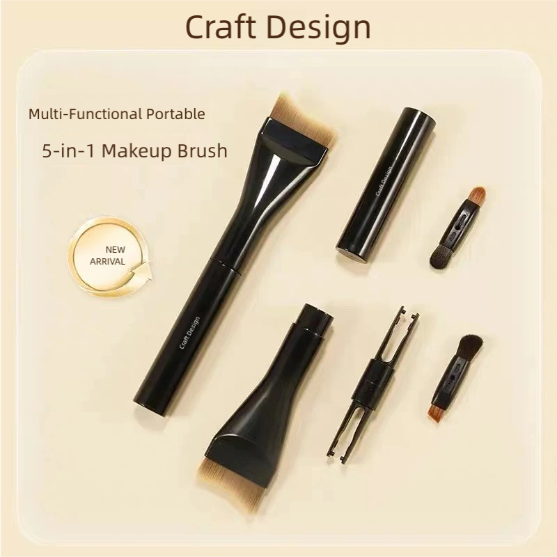 5-in-1 Multifunctional Portable Makeup Brush Set | Detachable 360° Rotating Liquid Foundation & Detail Brush