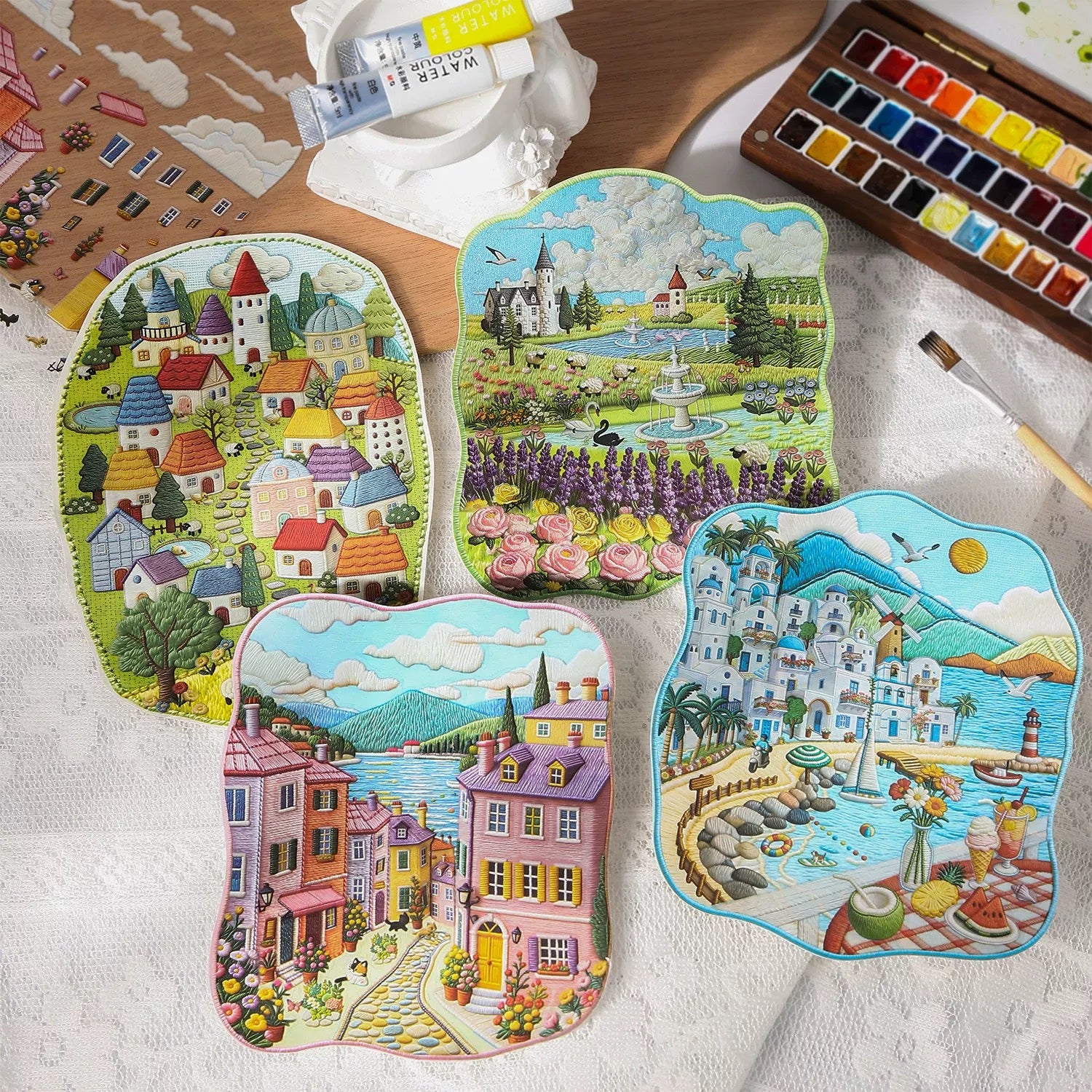 4-Pack Faux Embroidery Texture Landscape Stickers | Embossed Effect Scenic Decals for Scrapbooking, Journaling & DIY Crafts