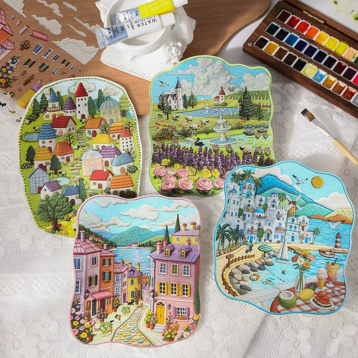 4-Pack Faux Embroidery Texture Landscape Stickers | Embossed Effect Scenic Decals for Scrapbooking, Journaling & DIY Crafts