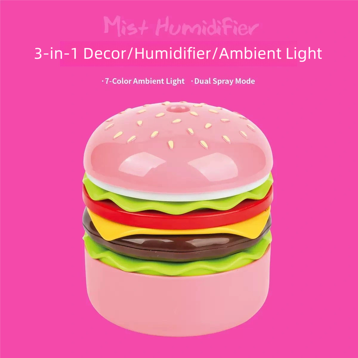 Cute Burger Humidifier with 3 Lighting Modes | Mini Night Light & Air Moisturizer