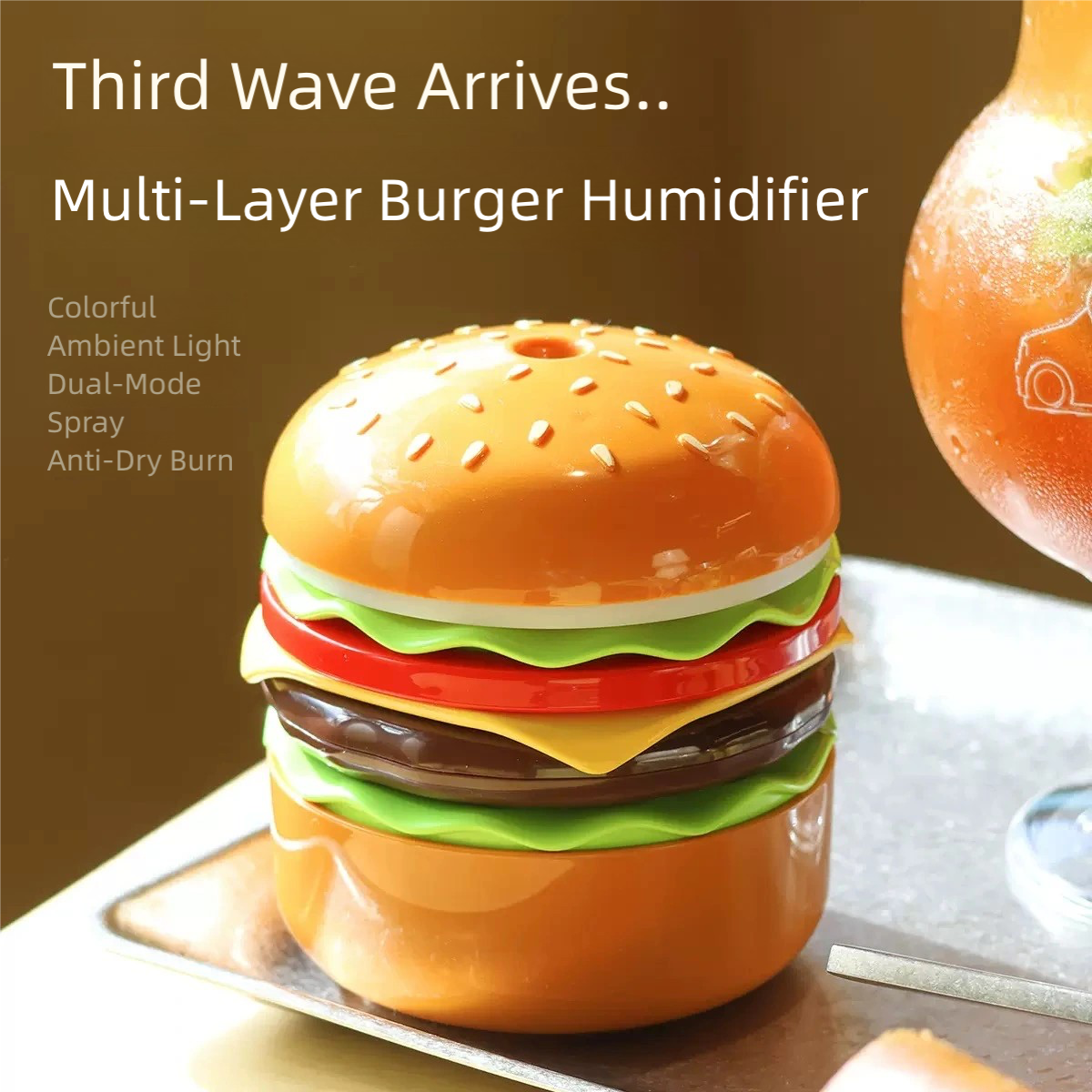 Cute Burger Humidifier with 3 Lighting Modes | Mini Night Light & Air Moisturizer