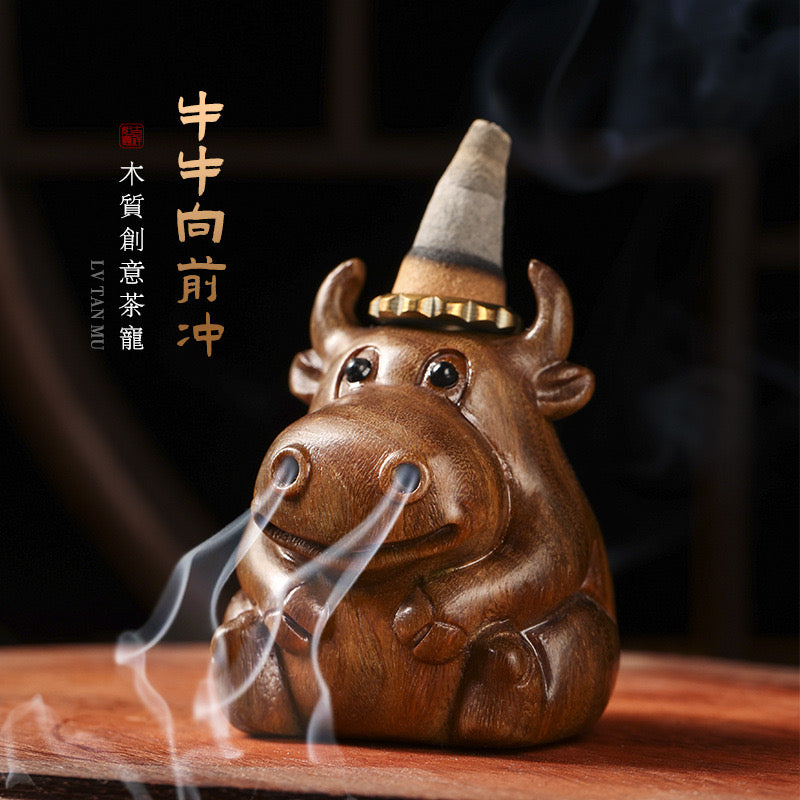 Handmade Wooden Carved Cow Incense Burner (without suspended display stand)