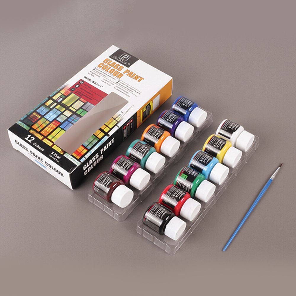 12-Color Glass Painting Special Paint (Includes a Set of Brushes)